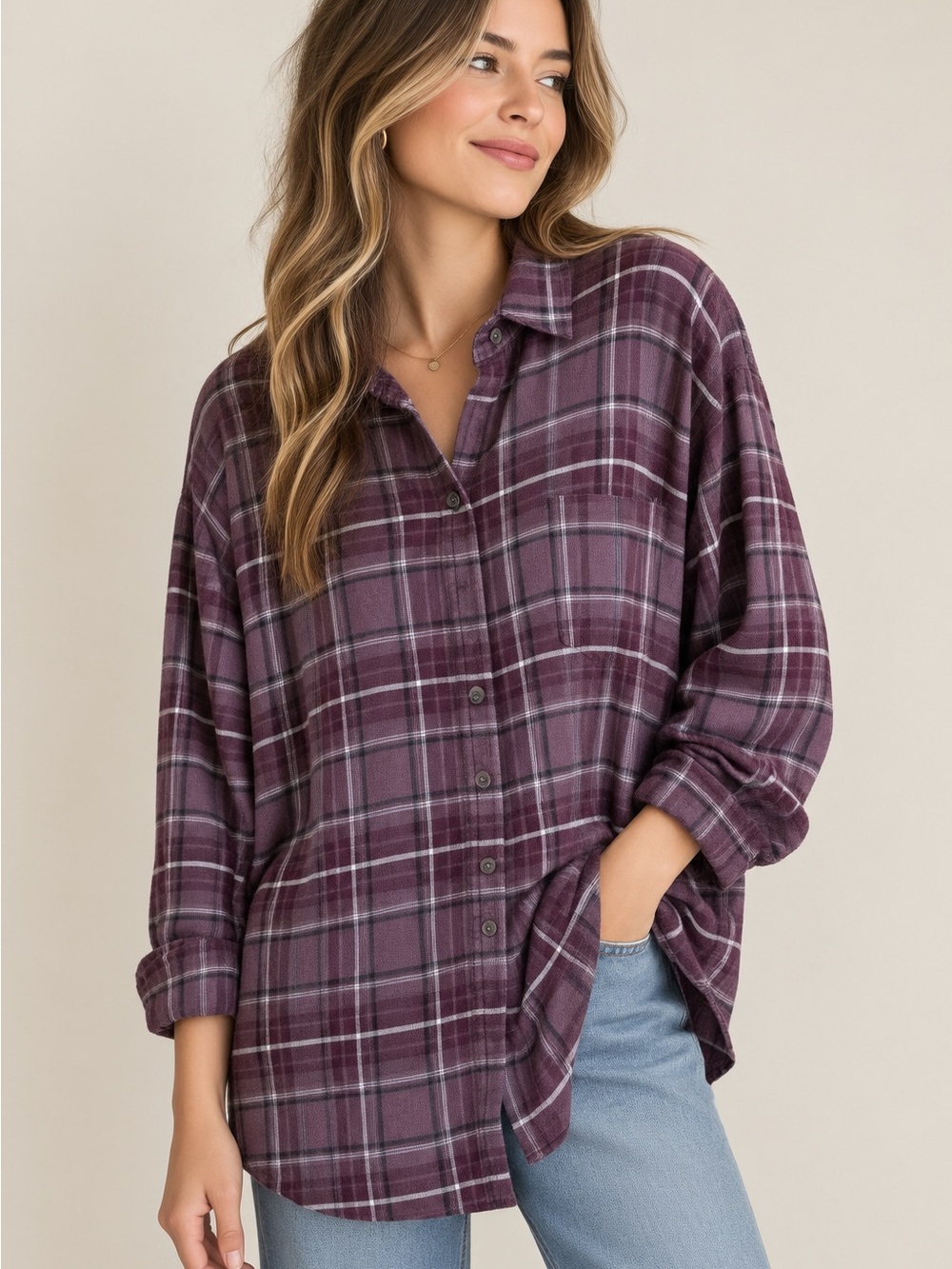 American Eagle Outfitters Mauve Plaid Button-Down Shirt